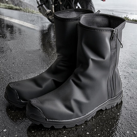 Thomp High Tube Waterproof Shoe Covers - Heavy Duty Oxford Rain Boots Protectors with Reflective Strips & Vulcanized Rubber Sole for Motorcycle & Cycling