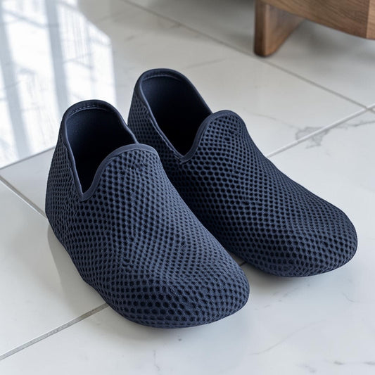 Thomp Reusable Indoor Shoe Covers - Washable Fabric Booties for Real Estate Open House, Contractors & Home - Non-Slip Rubber Dot Sole - Navy Blue